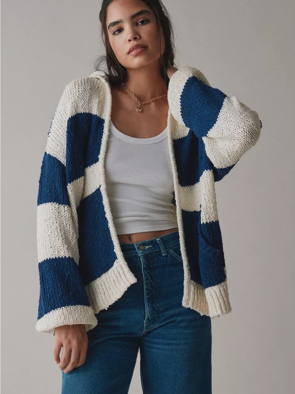 Urban Outfitters BDG Tyler Chunky Blue and Cream Striped Open-Front Sweater